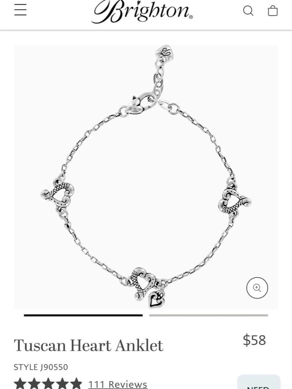 Brighton Tuscan Heart Anklet Heart Anklet in Silver Like New
